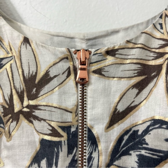 J Crew 0 Foil Leaf Zip Front 100% Linen Boho Chic Tropical Beachy A-Line Dress - Picture 10 of 16